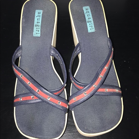 Aqua Girl denim and red wedges with diamond accents. Pre-owned. - Picture 5 of 7